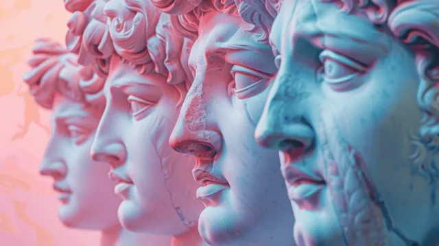 Three Renaissance-style plaster statues with blue hair appear on a pink and blue gradient background with square overlays.