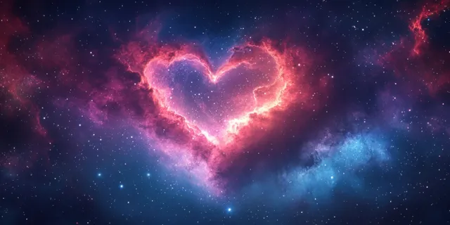 A glowing heart nebula in deep space with colorful gas clouds and scattered stars.