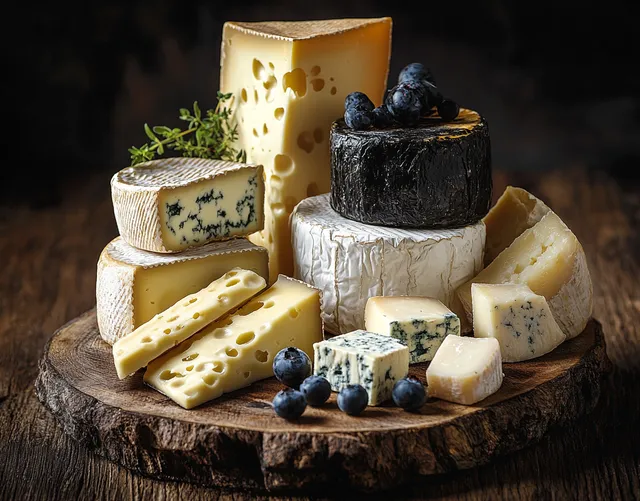 Assorted cheeses with blue cheese, Swiss, and herbs on a rustic wooden board