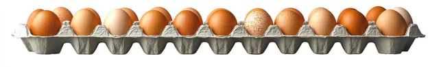 Brown eggs with textured shells are arranged in a cardboard tray on a white background.
