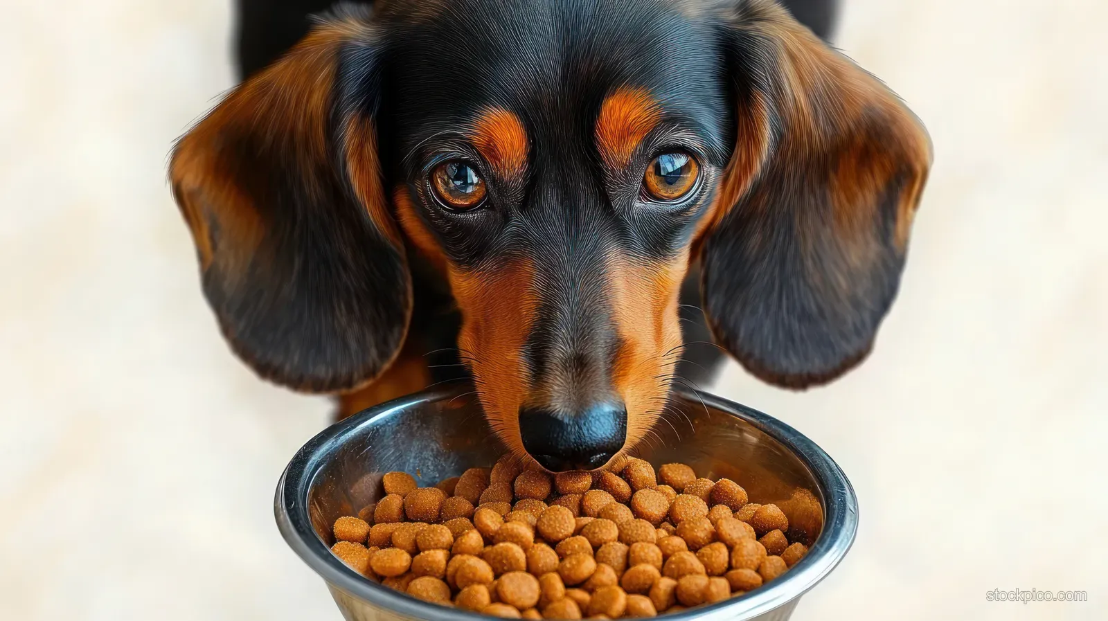 Small black and brown dog staring at a metal bowl filled with dry kibble on a soft neutral background indoors.