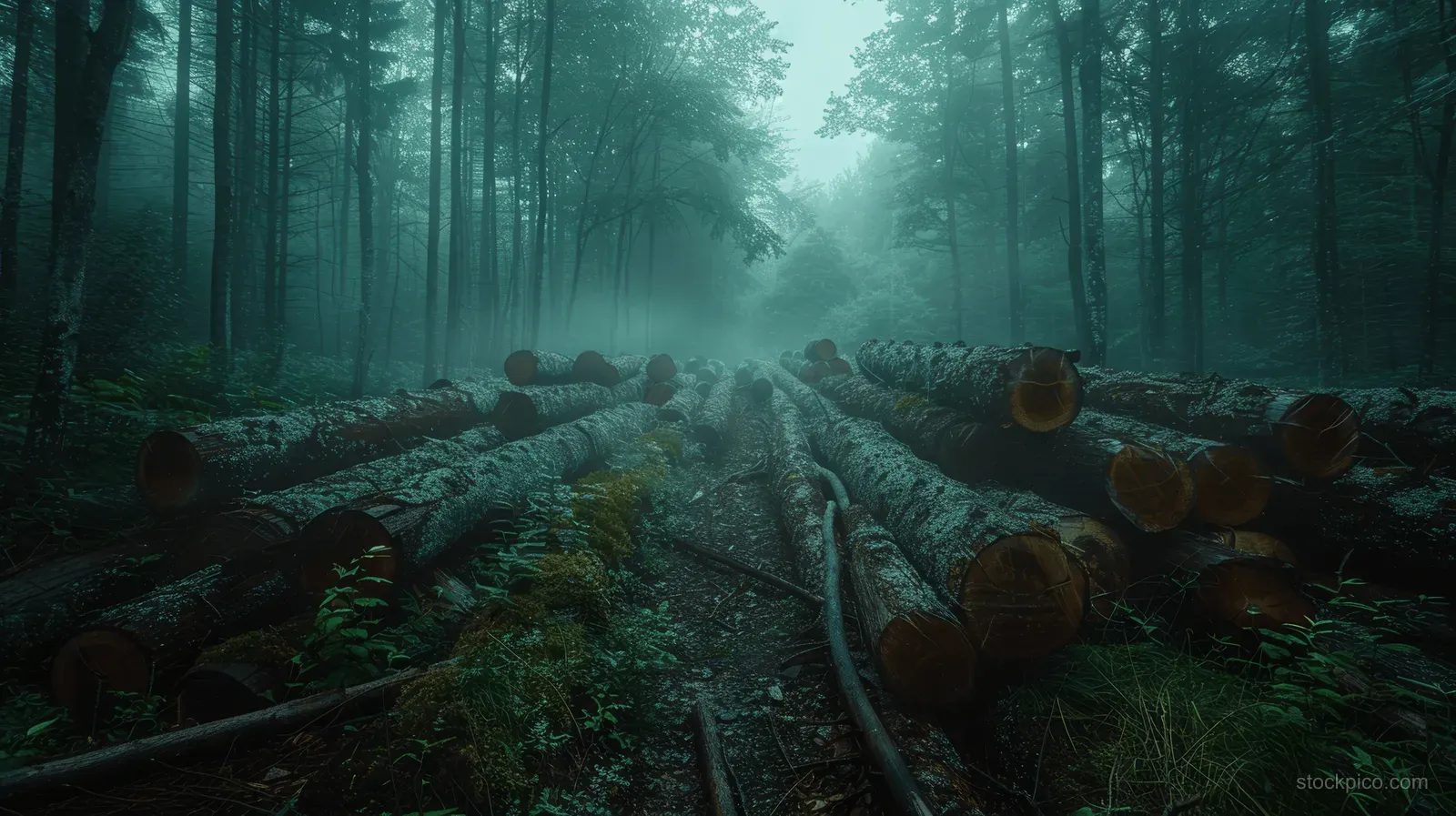 Stacked cut logs sit in a foggy forest clearing with soft mist, muted colors, and visible bark texture.