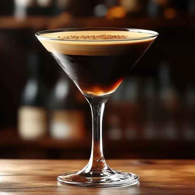 Dark cocktail with frothy top and garnish in clear martini glass on wooden bar