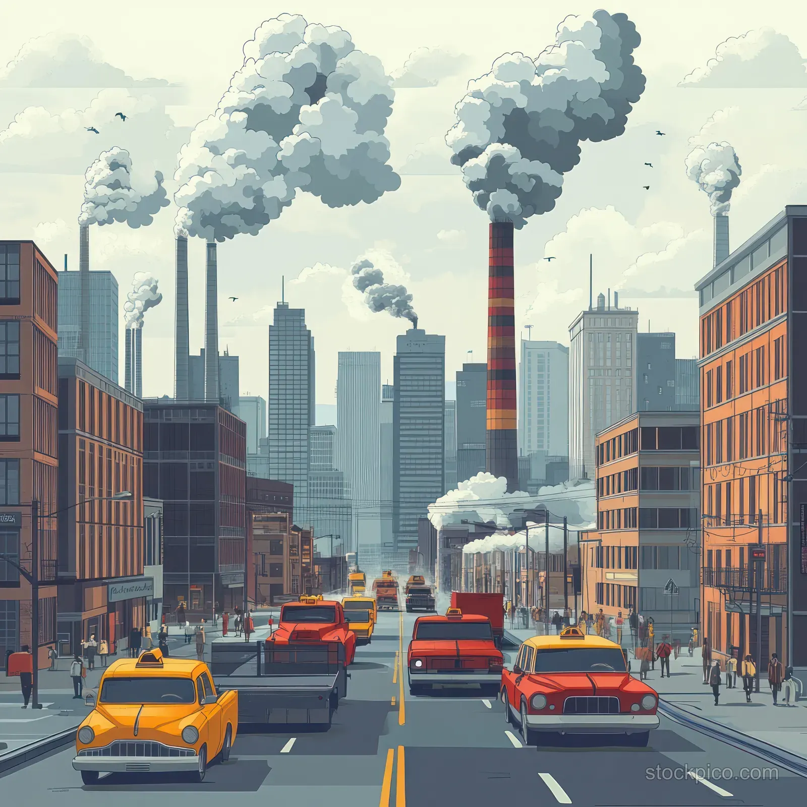Vehicles including orange taxis drive through a smoky industrial city street under a cloudy sky.