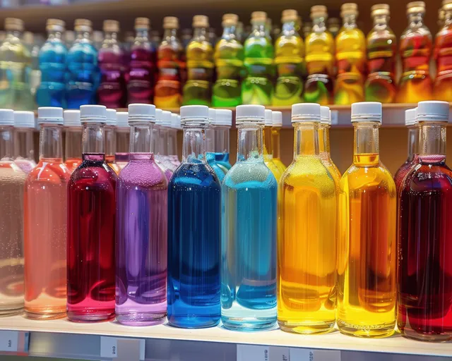 Colored glass bottles filled with different liquids stand in rows on a labeled display rack.