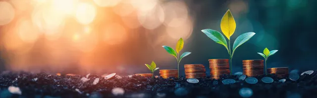 Sprouting seedlings growing from coin stacks on soil with rising financial chart