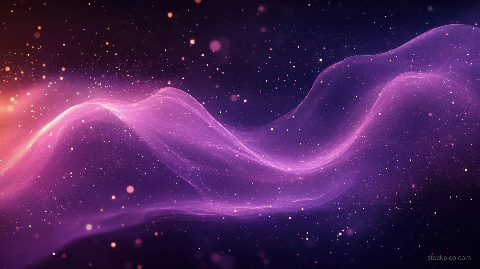 Purple and pink light waves ripple across a dark starry background while glowing particles drift through the scene.