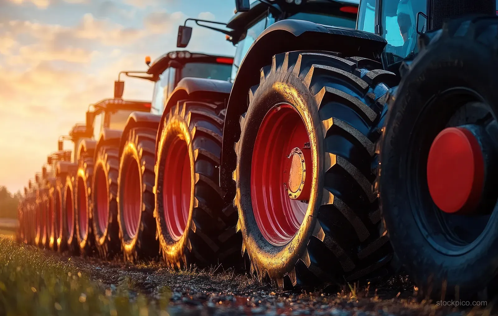 A row of parked agricultural tractors outdoors under golden sunset light with visible tire treads and glowing rims.