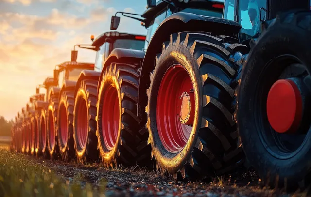 A row of parked agricultural tractors outdoors under golden sunset light with visible tire treads and glowing rims.
