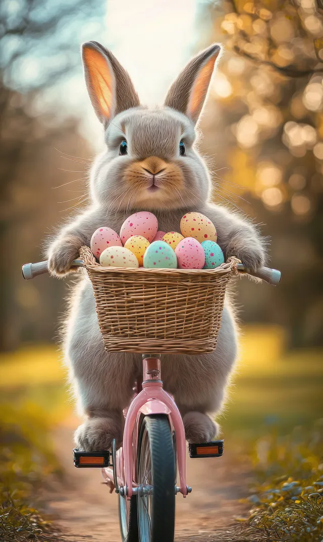 A fluffy rabbit pedals a pink bicycle down a sunlit path while holding a basket of colorful speckled eggs.