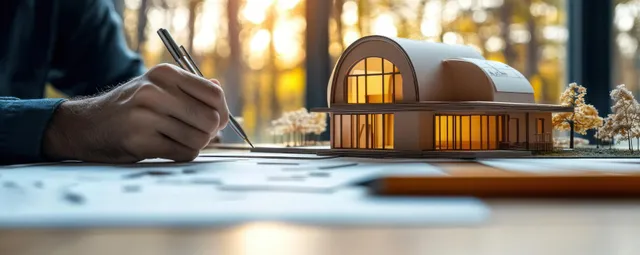Architect sketching a blueprint beside a wooden house model in warm office light