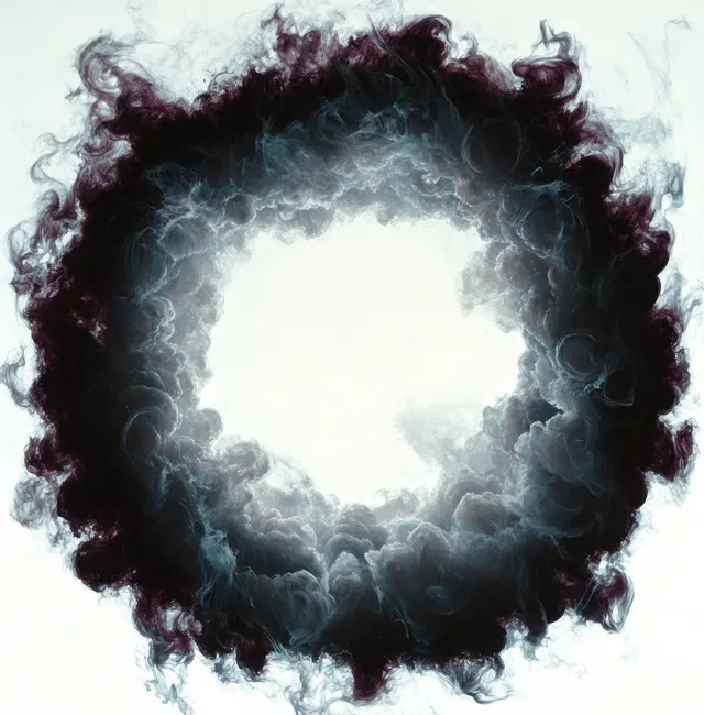 Dense swirling smoke creates a dark circular vortex around a bright empty center on a pale background.
