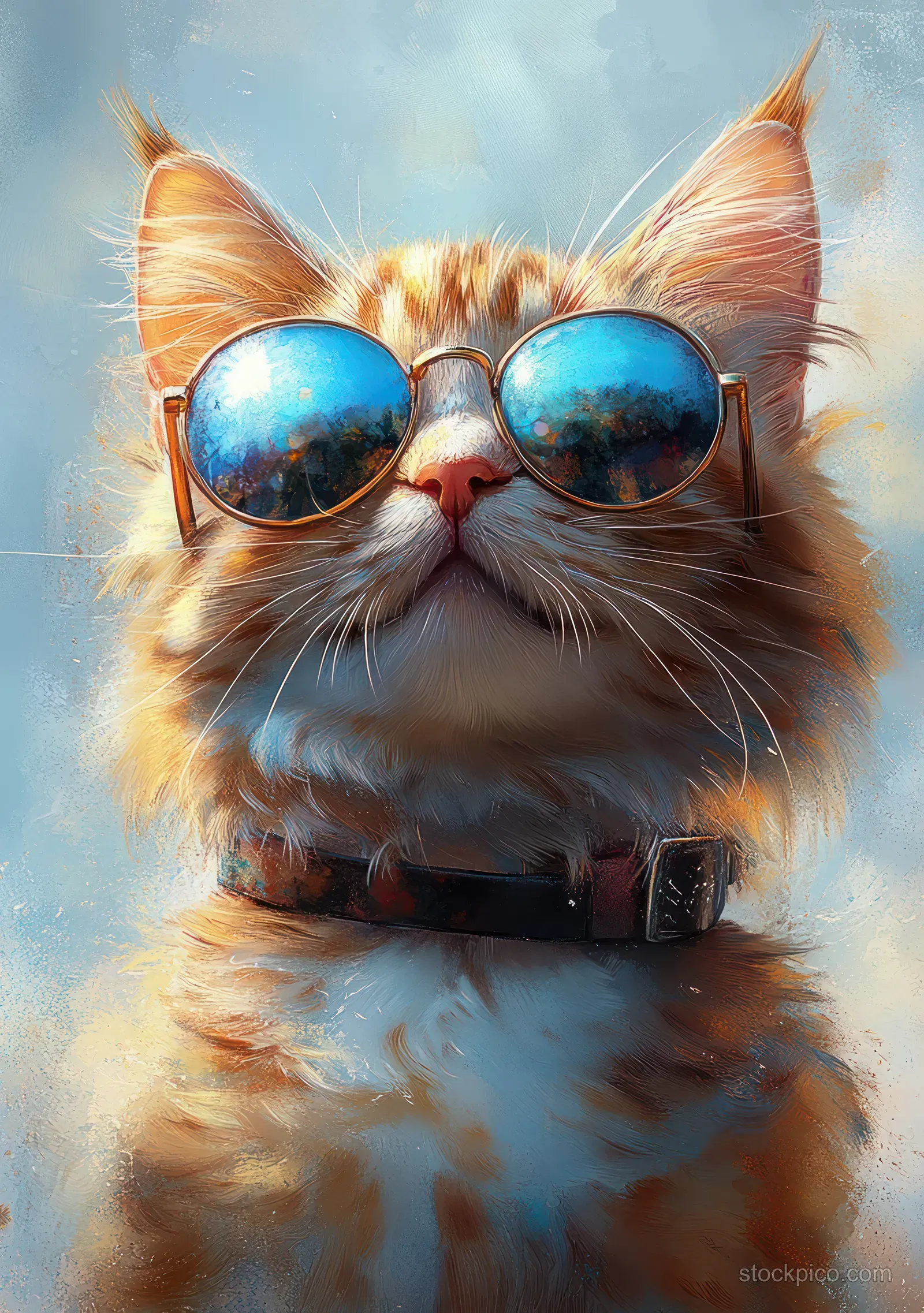 Orange tabby cat portrait with blue reflective sunglasses rendered in soft watercolor strokes.