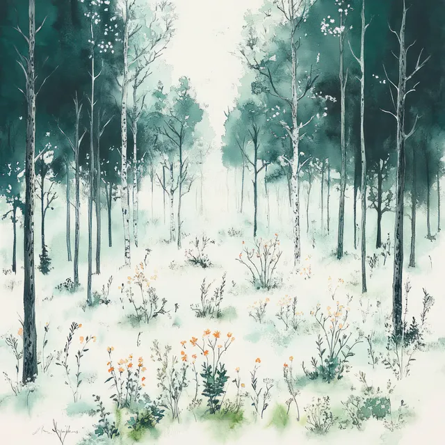 A tranquil watercolor forest scene with wildflowers and dappled sunlight filtering through the trees in soft pastel tones.