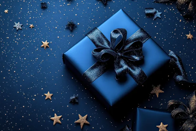 Blue wrapped Christmas gift box with ribbon resting on dark background amid scattered star decorations.