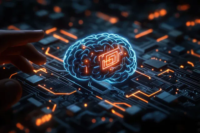 Glowing digital brain hologram overlays microchip circuitry as a hand reaches in orange-lit tech