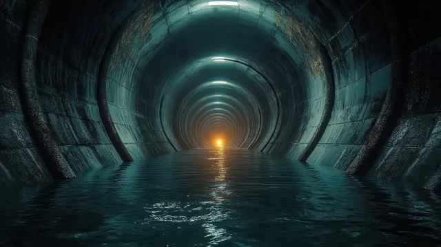 Dark water fills an underground concrete tunnel while a distant orange light glows through curved walls.