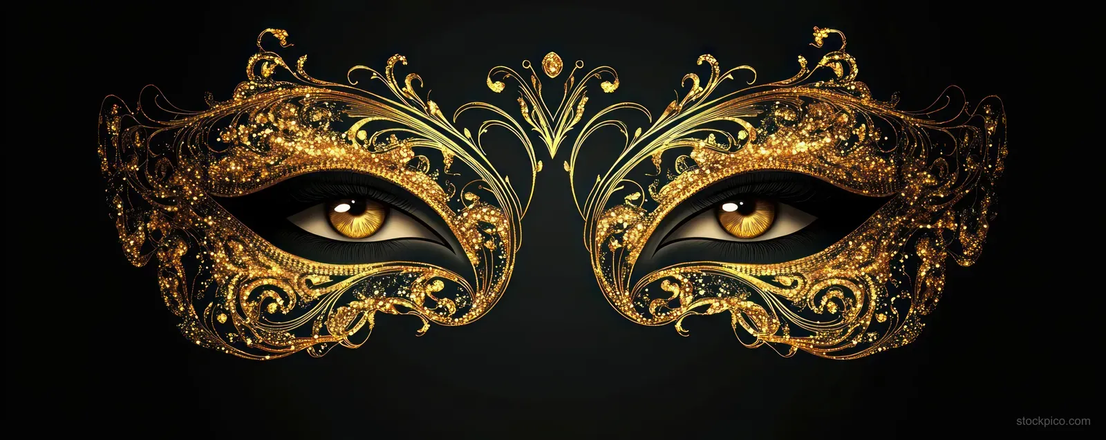 Golden masquerade mask with ornate swirls framing amber eyes on a black background.