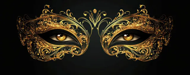 Golden masquerade mask with ornate swirls framing amber eyes on a black background.