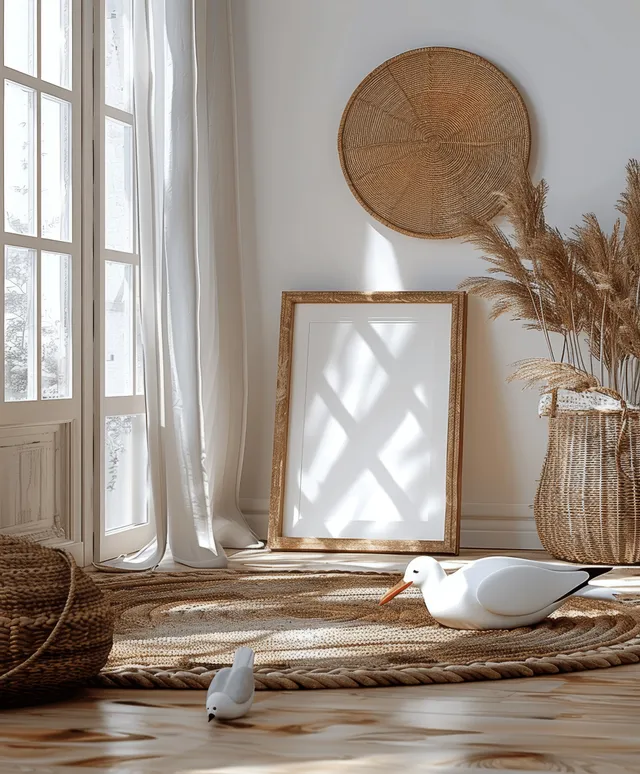 White photo frame on a bohemian table with woven decor and sunlight through sheer curtains from a window.