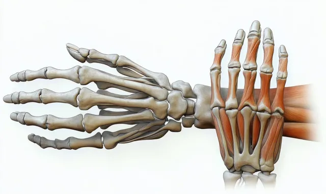 An illustrated human hand cutaway displays the skeleton, muscles, tendons, and layered skin on a neutral background.
