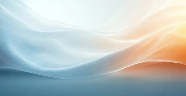 Flowing ribbon-like abstract curves sweep across a bright white background with a soft blue-orange gradient glow.