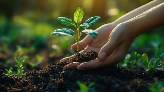Children’s hands plant a young green sapling into dark soil in a sunlit spring garden.
