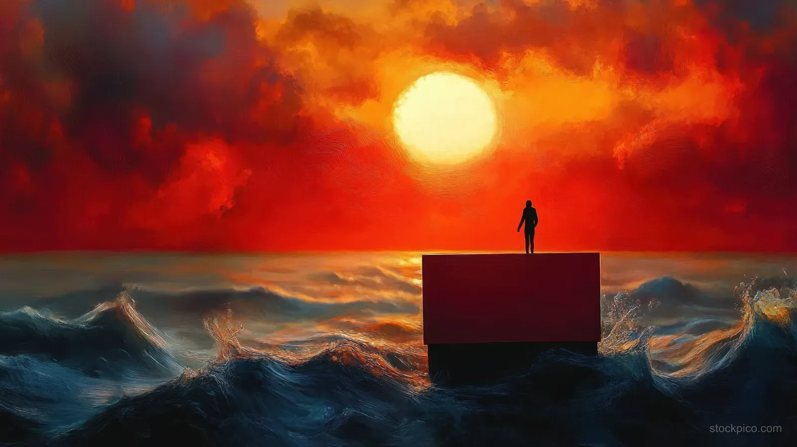 A lone silhouette stands on a floating platform while stormy waves churn beneath a glowing fiery red sky.