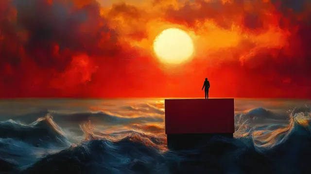Lone silhouette stands on a floating platform amid stormy waves under a fiery red sky