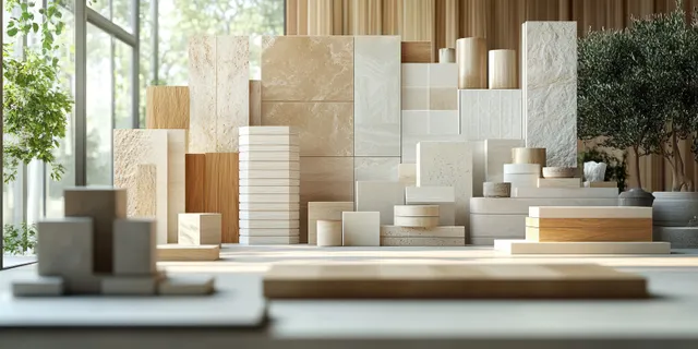 Neutral tile and stone blocks are arranged on a showroom shelf with potted greenery and soft daylight.
