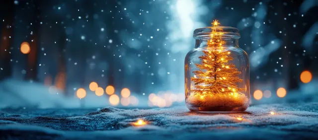 A glowing miniature Christmas tree in a glass jar sits on snowy ground with blurred holiday lights behind it.