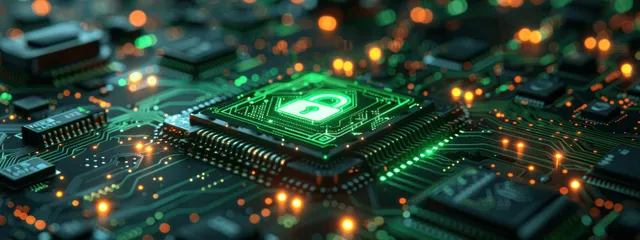 Glowing padlock symbol overlays a green illuminated circuit board with security and network connection lights.