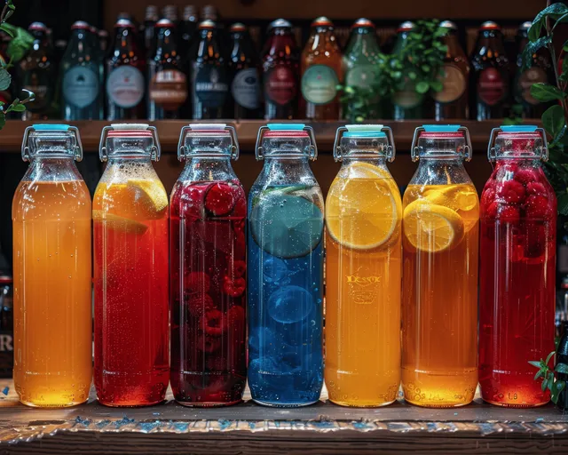 Glass bottles filled with colored liquids are arranged on a display rack like cosmetic ingredient samples.