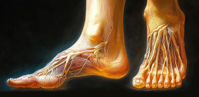 Illustrated feet split into exterior view and cross-section, showing bones and tendons under dramatic dark-to-light lighting.