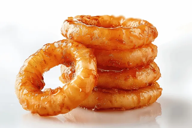Golden onion rings stacked on a white plate with crispy, golden edges under soft light.