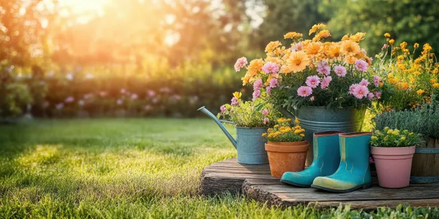 Watering can, colorful flower pots, and gardening boots sit on a rustic table in a sunlit backyard.