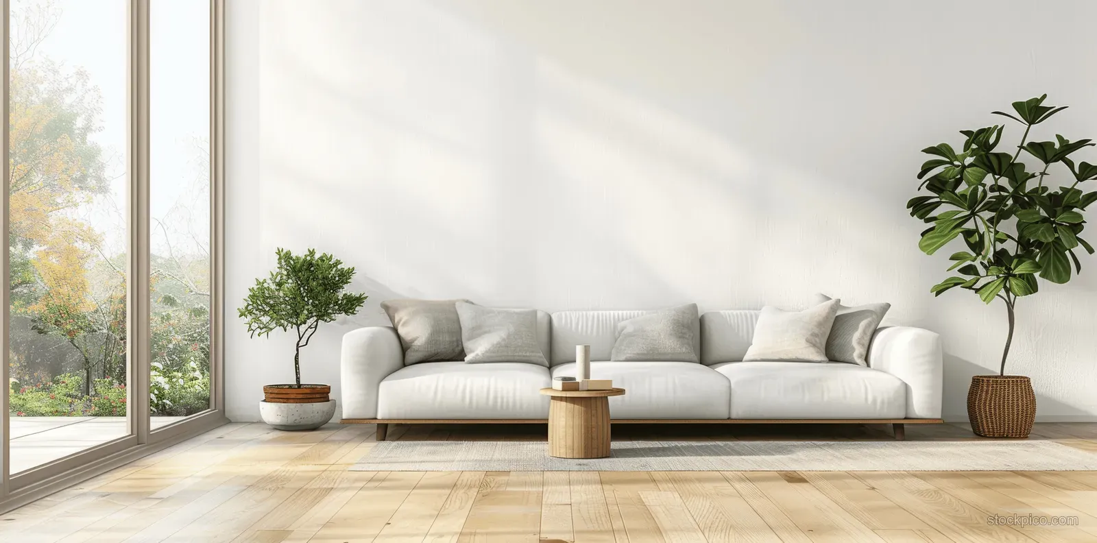 A white sofa sits on light wooden floor beneath a large window with visible greenery outside.