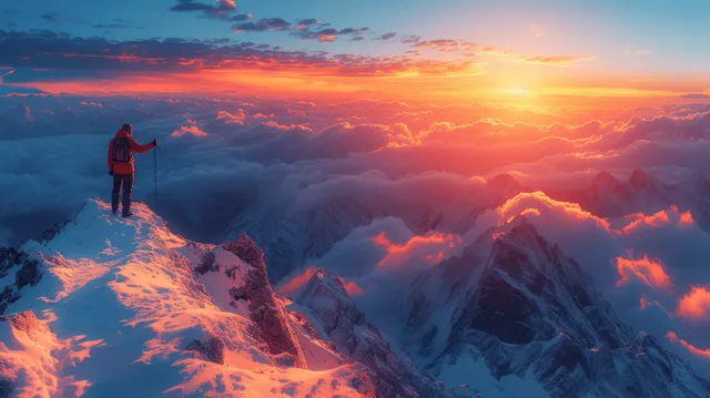 A couple of hikers high-fiving on a snowy mountain summit with a sunset sky and distant peaks.
