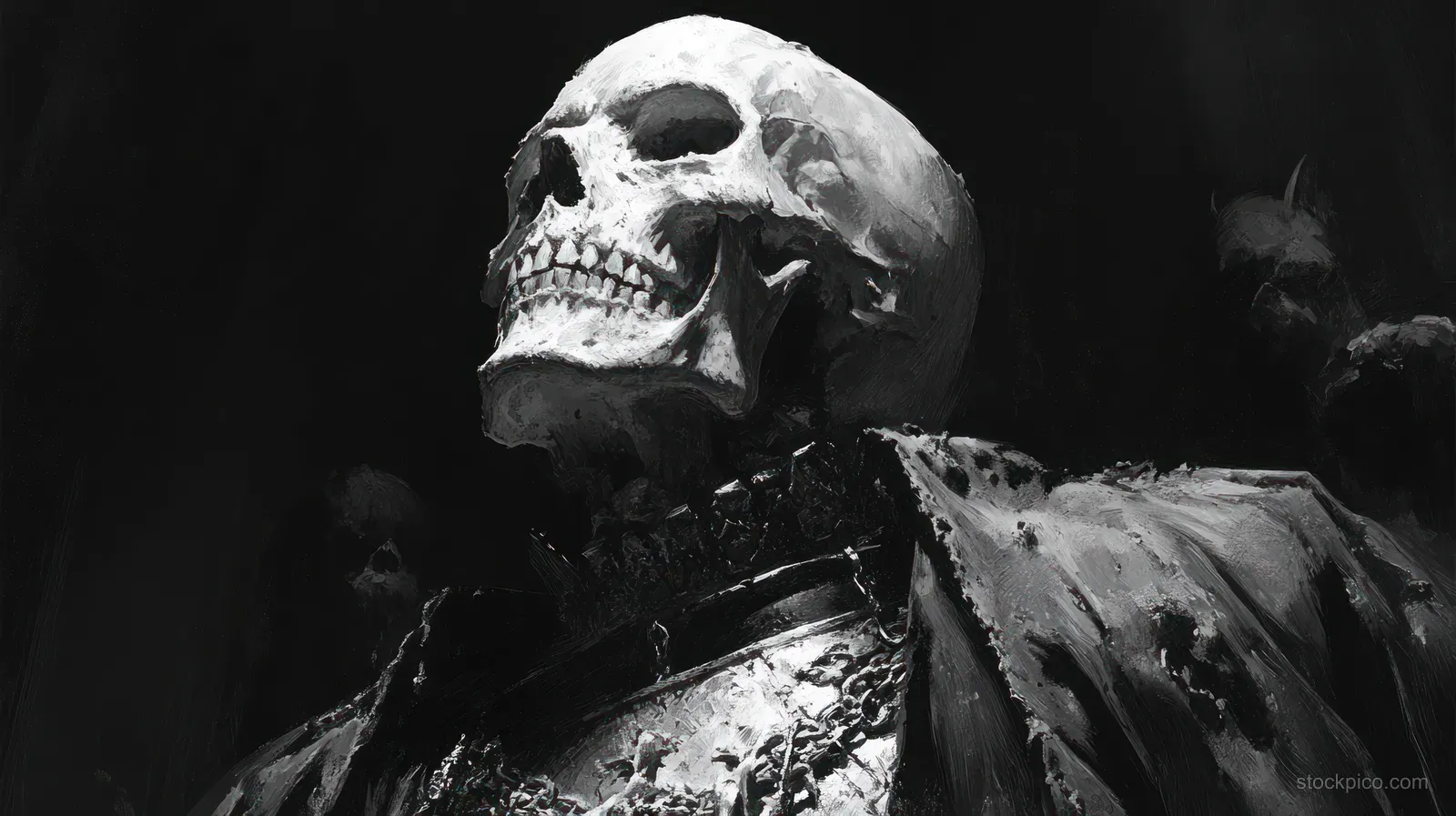 A skeletal undead king holds chains and a sword in a dark gothic scene with looming zombie silhouettes.