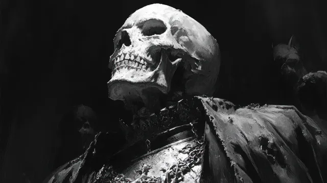 A skeletal undead king holds chains and a sword in a dark gothic scene with looming zombie silhouettes.