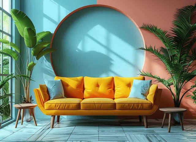 Yellow loveseat sofa with blue pillows sits in a mid-century living room beneath a colorful circular wall pattern.