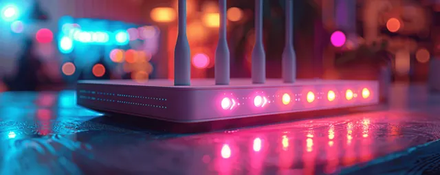 Futuristic wireless router with glowing LED antenna lights on a desk, indicating secure high-speed home connectivity.