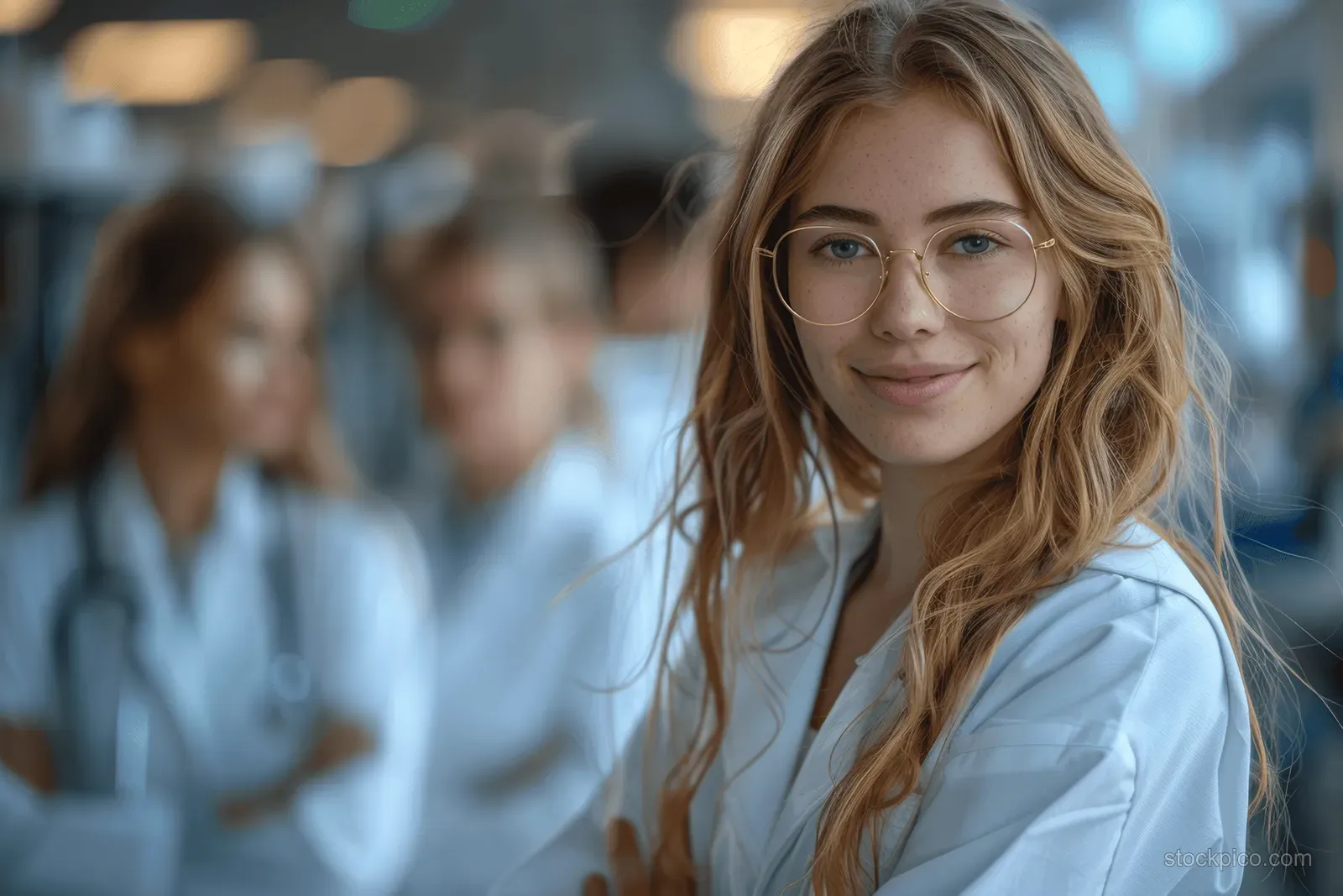 Smiling young woman in a white lab coat and glasses in a clinical laboratory with blurred people behind her.