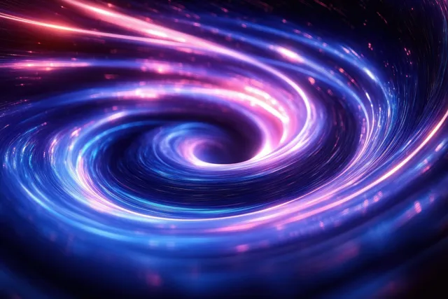 A neon purple and blue spiral vortex with glowing light trails swirling through a dark cosmic tunnel.