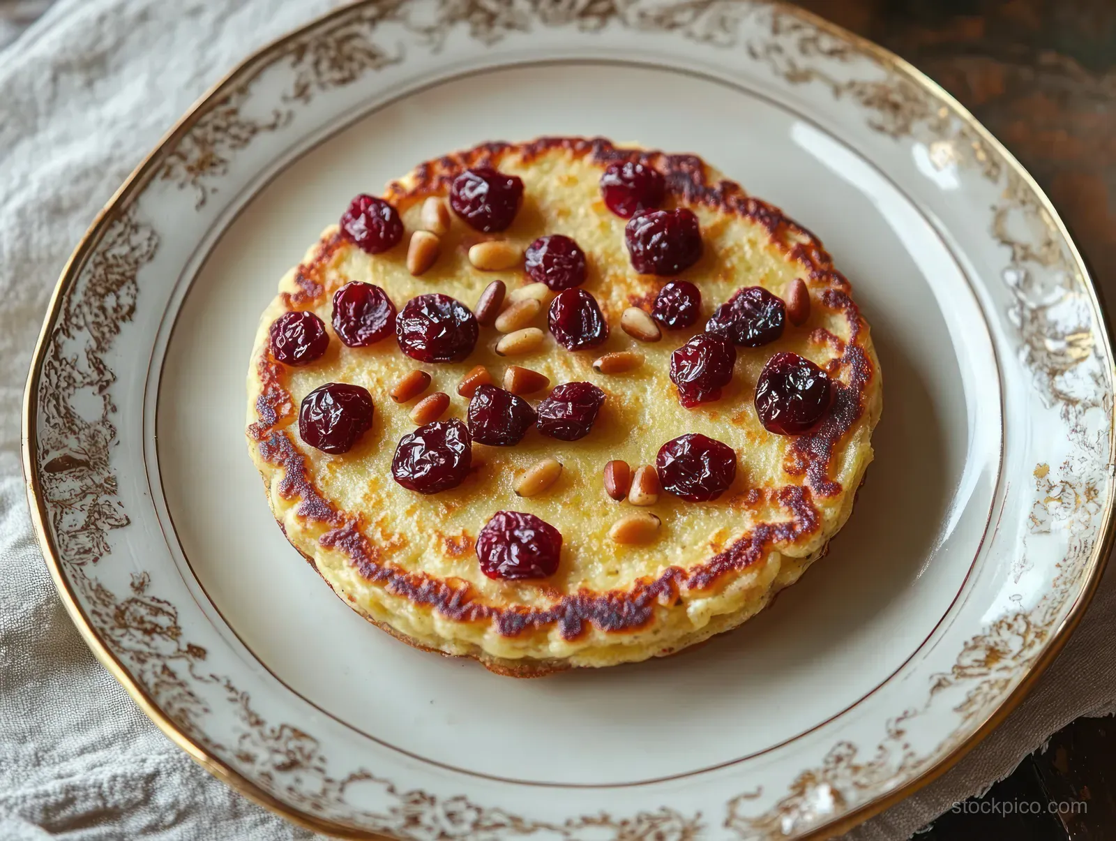 Golden-brown pancake on an ornate white plate with dried cranberries and pine nuts on a rustic table.