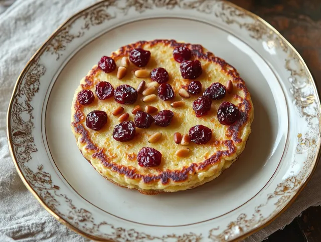 Golden-brown pancake on an ornate white plate with dried cranberries and pine nuts on a rustic table.