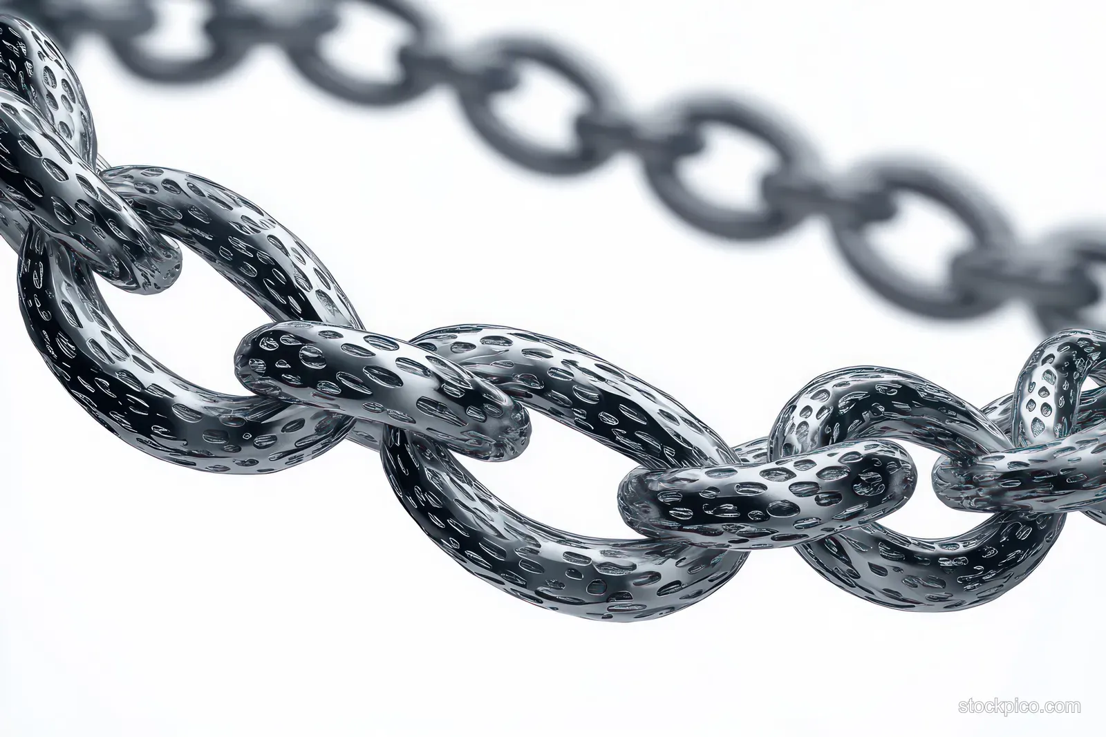 Macro view of a wet silver chain with water droplets beading on the links against a white background.