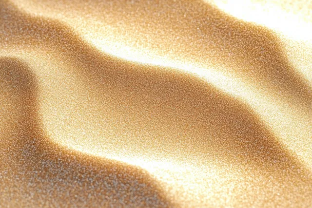 Close-up of smooth golden sand dunes with soft shadows and sunlit glowing highlights.