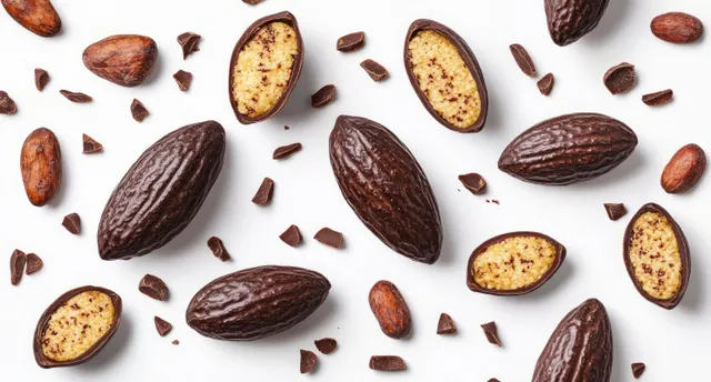 Dark chocolate cocoa pods and cacao beans scattered on a white background in a flat lay arrangement.