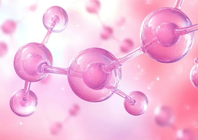 Translucent pink spherical atoms connected by cylindrical bonds floating on a soft pink gradient background.